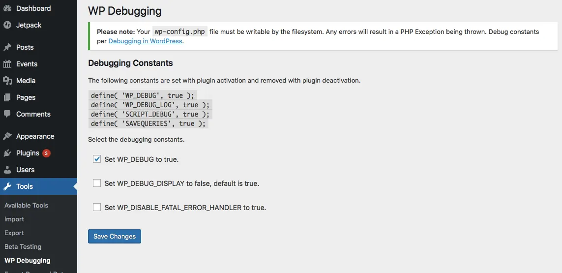WordPress debug mode enabled in wp-config