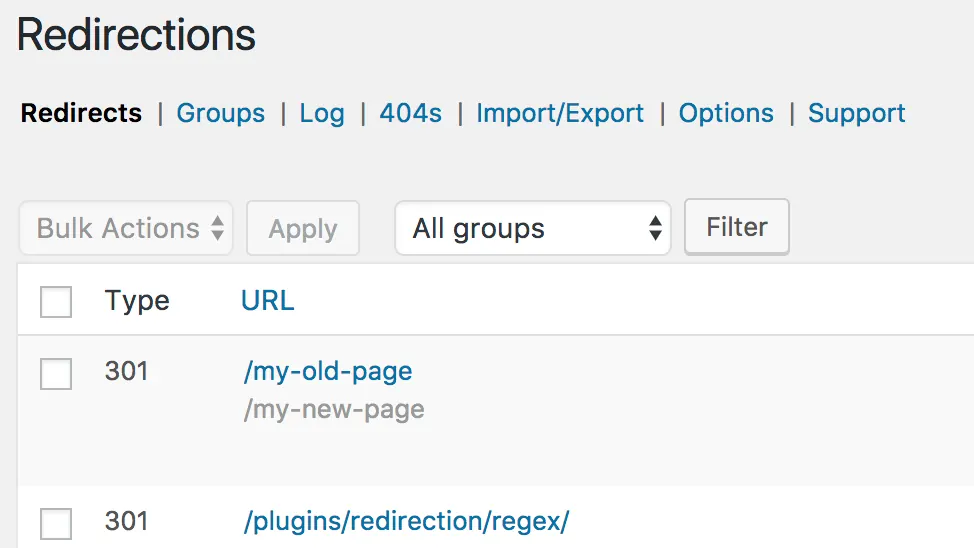 Redirection plugin showing WordPress redirect rules and loop detection