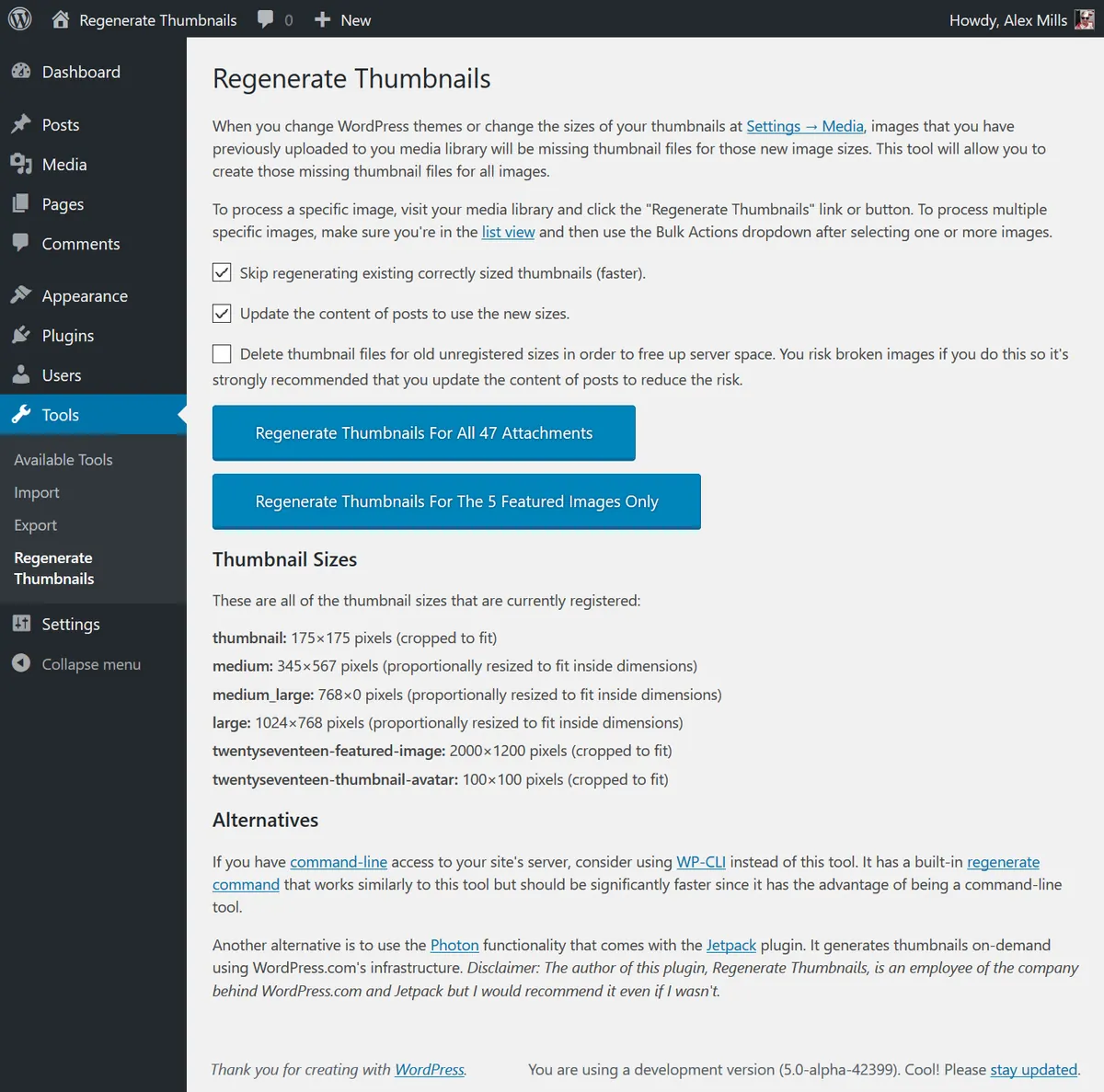 Regenerate Thumbnails plugin interface running a bulk rebuild of WordPress image sizes