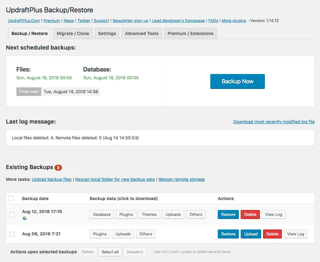 UpdraftPlus backup and restore interface
