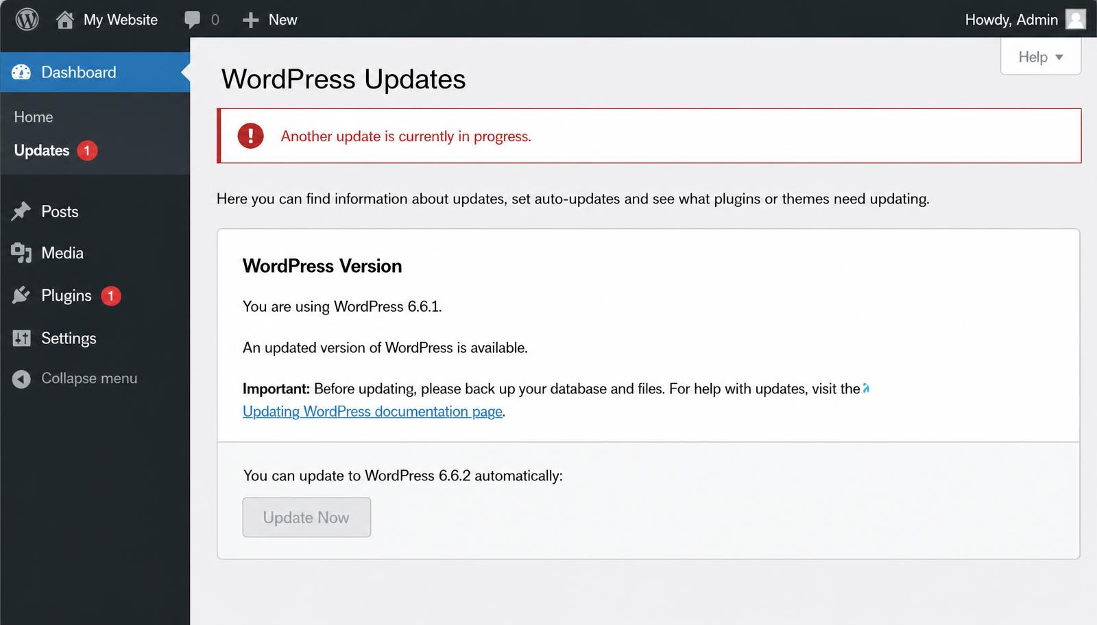 WordPress Dashboard Updates screen showing the red notice: Another update is currently in progress