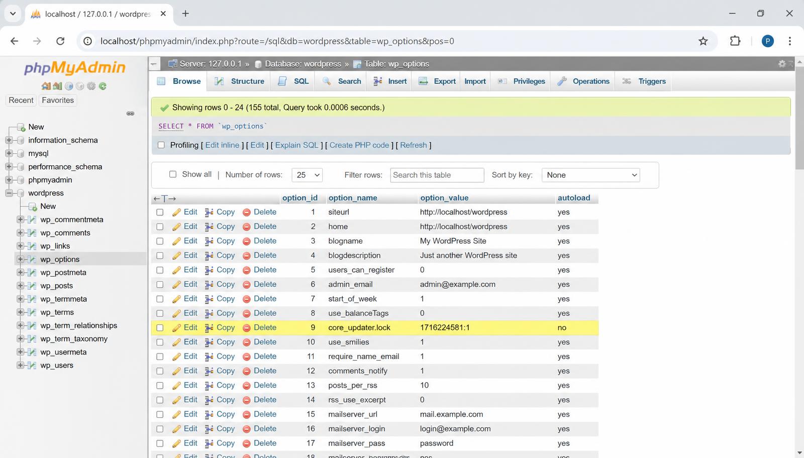 phpMyAdmin showing the wp_options table with the core_updater.lock row highlighted