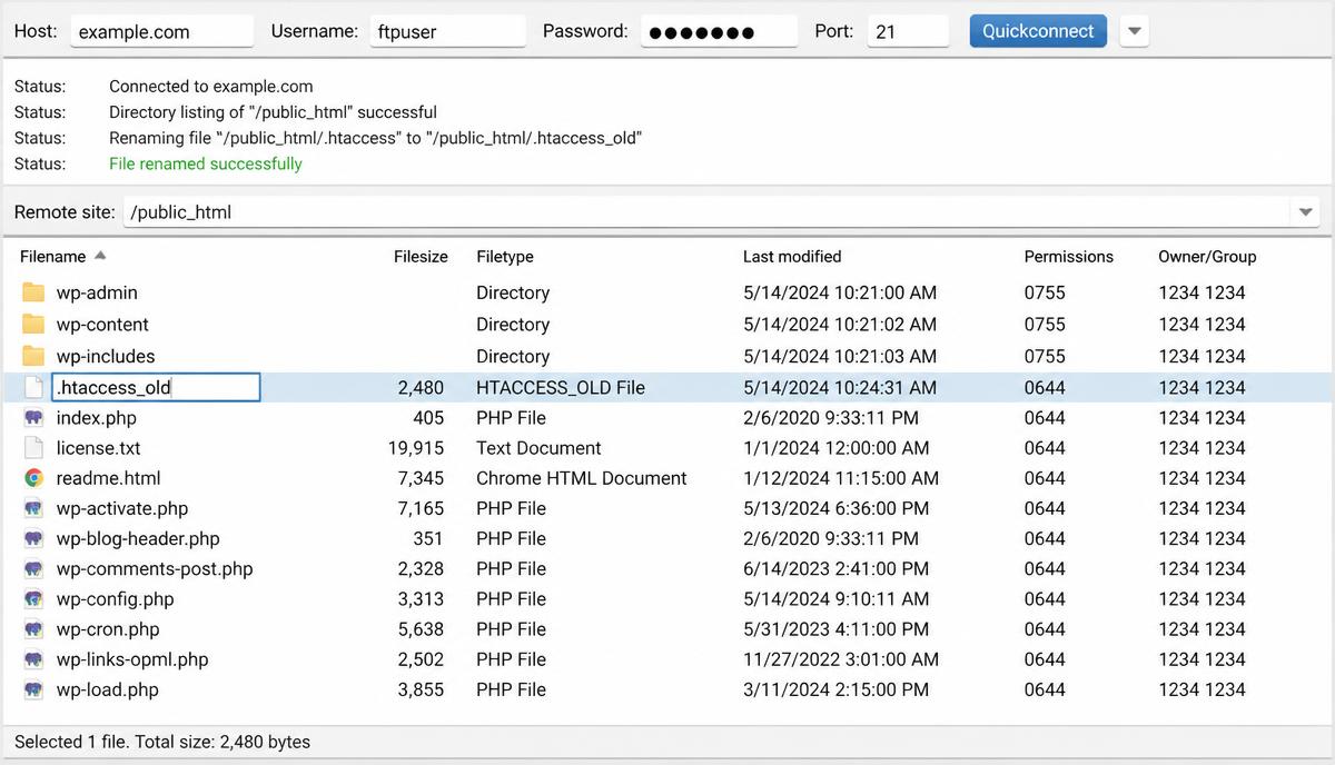 FTP client showing the WordPress site root with .htaccess renamed to .htaccess_old